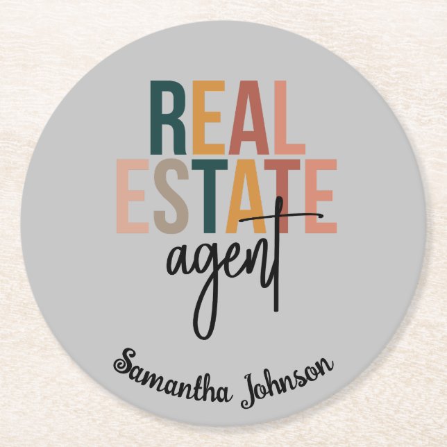 Personalised Boho Real Estate Agent Gift Round Paper Coaster (Front)
