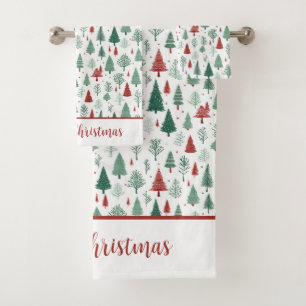 Personalised Boho Red Green Christmas Tree Holiday Bath Towel Set