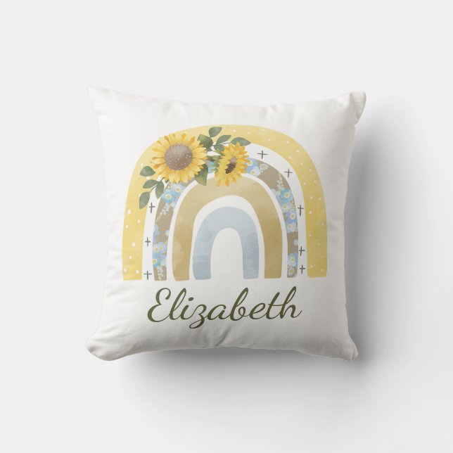 Personalised Boho Sunflower Rainbow Name Girl  Cushion (Front)