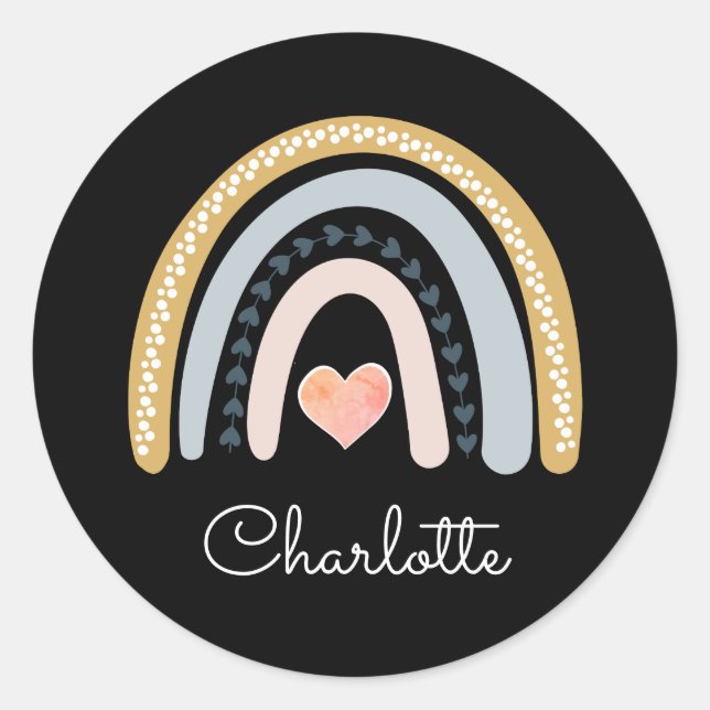 Personalised Boho Watercolor Rainbow Black  Classic Round Sticker (Front)