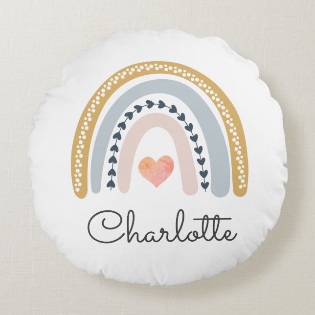 Personalised Boho Watercolor Rainbow Round Cushion (Front)