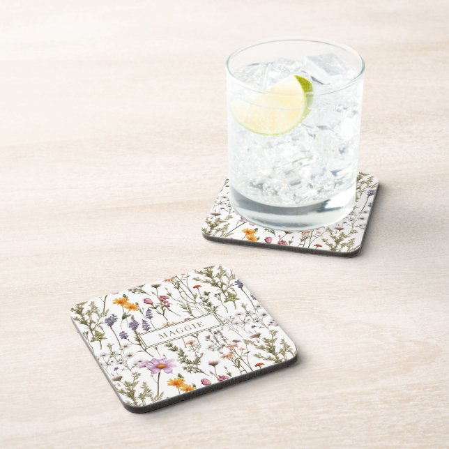 Personalised Boho Watercolor Wildflowers Pattern Coaster (Right Side)