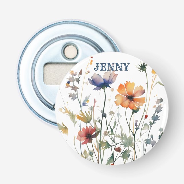 Personalised Boho Wildflowers Wedding Favour Gift Bottle Opener (Front)