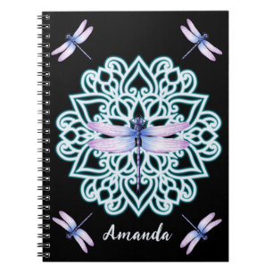 Personalised Bold Black WhimsicalDragonfly Mandala Notebook