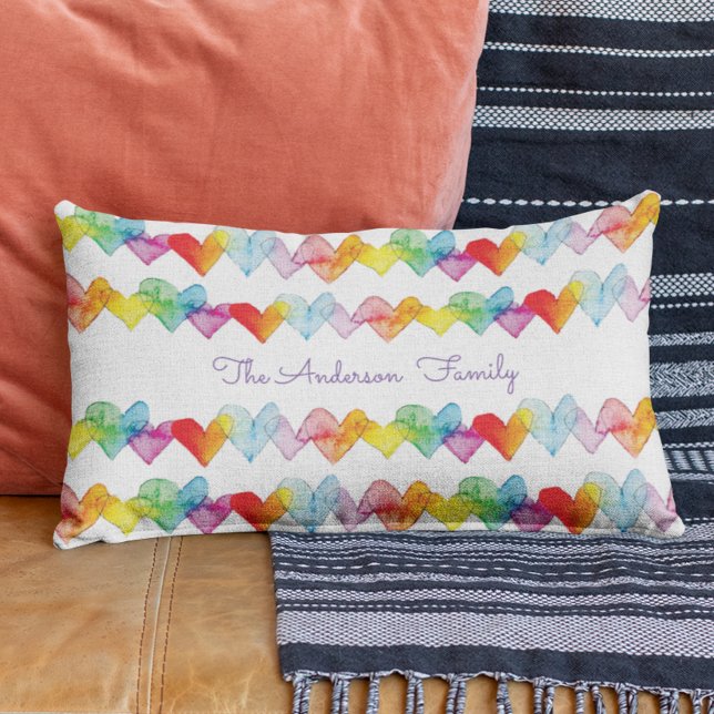 Personalised Bold Modern Watercolor Hearts Lumbar Cushion (Home is where the heart pillow is! Rainbow hand-painted hearts complete the boho look.)