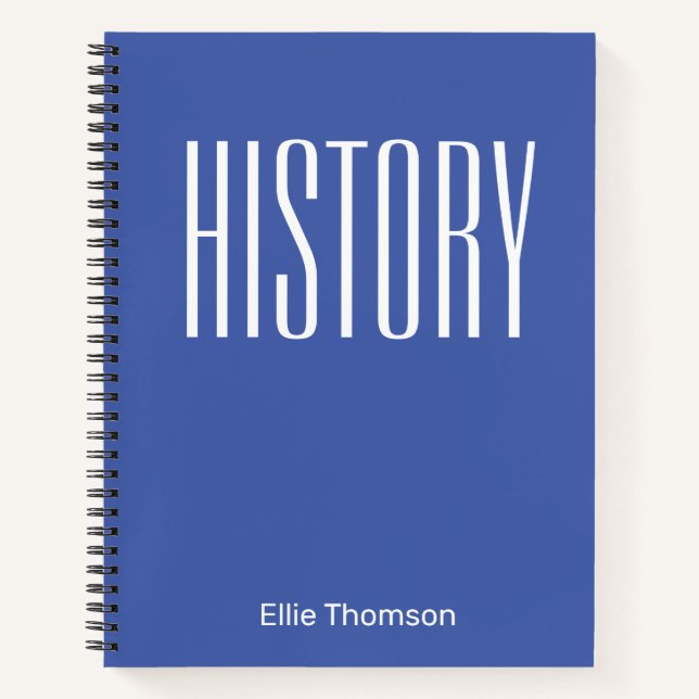 Personalised Bold Typography History Subject Blue Notebook (Front)