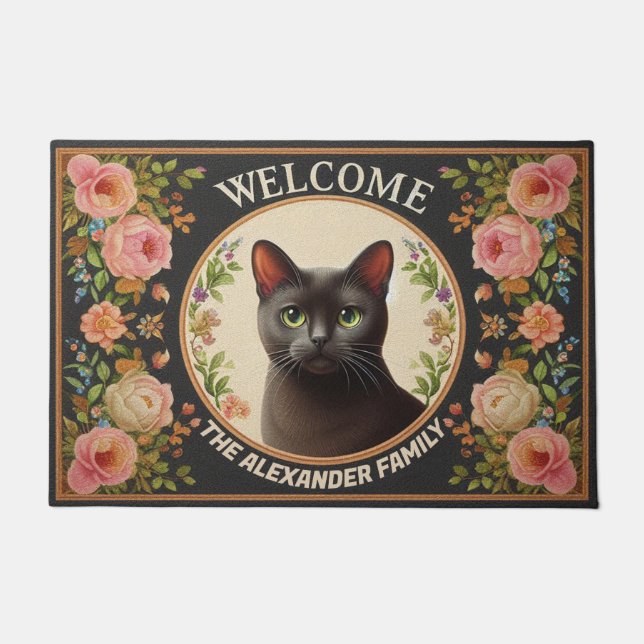 Personalised Bombay Cat, Floral Kitten Welcome Doormat (Front)