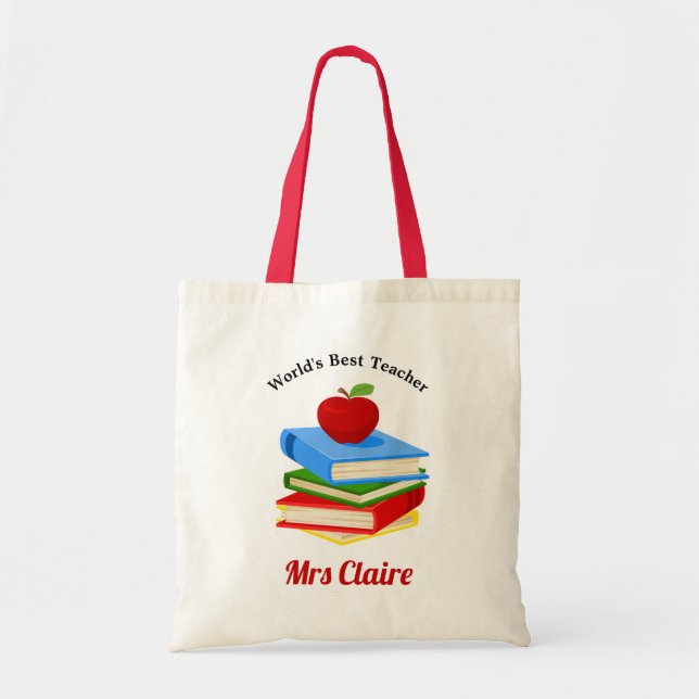 Personalised Book & Apple Teacher Tote Bag (Front)
