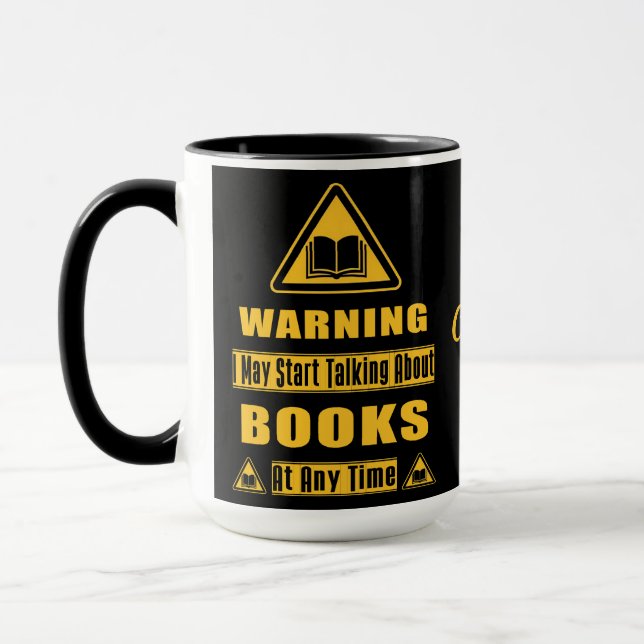 Personalised Book Lover's Warning Sign Black Mug (Left)