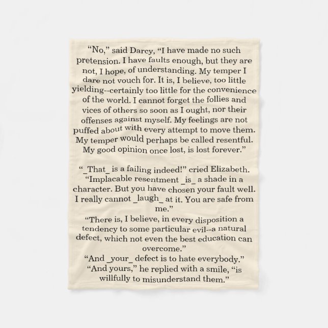 Personalised Book Quote Text Pride & Prejudice Fleece Blanket (Front)