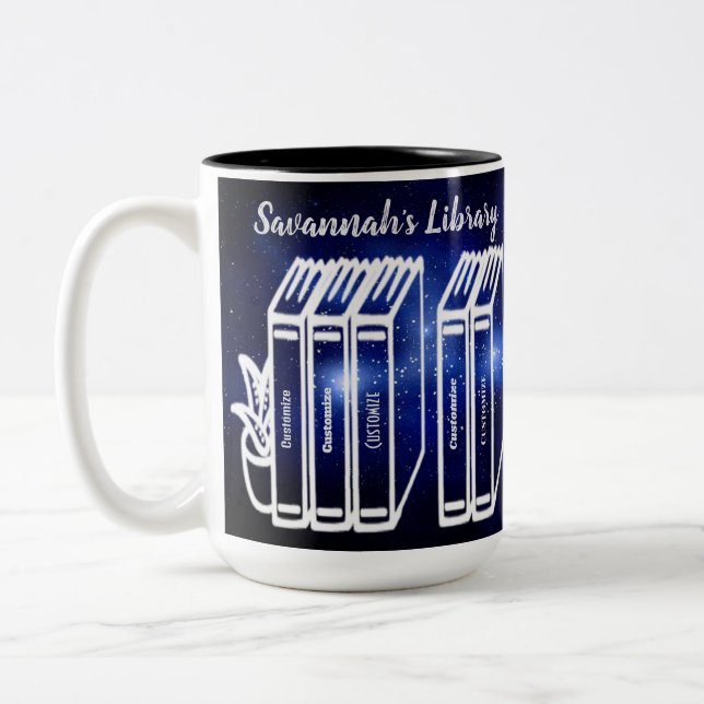 Personalised Book Titles Library Blue Galaxy Two-Tone Coffee Mug (Left)