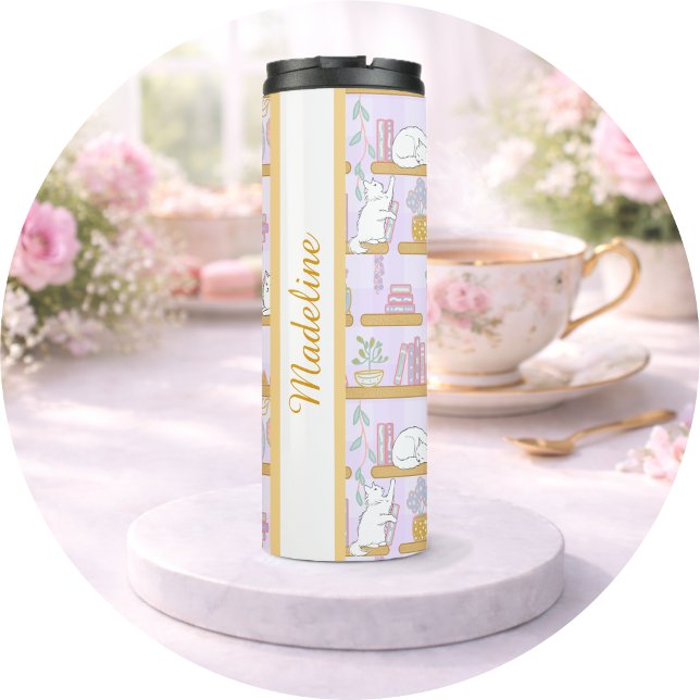 Personalised Bookish Girly Purple Cute Cat Name Thermal Tumbler (Creator Uploaded)