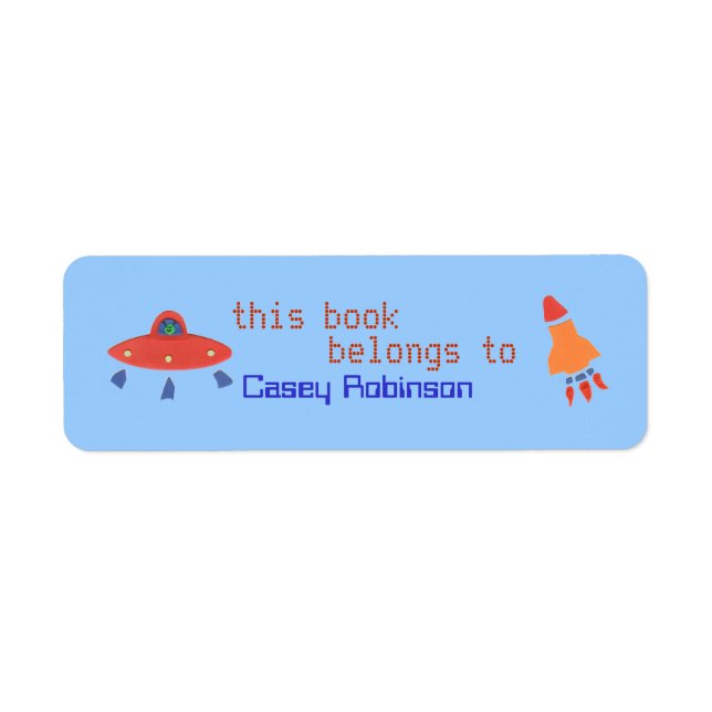 Personalised bookplate sticker with UFO & rocket (Front)