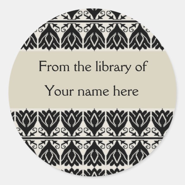 Personalised Bookplates - Black Damask Classic Round Sticker (Front)