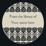 Personalised Bookplates - Black Damask Classic Round Sticker<br><div class="desc">Personalise your books with the customised bookplates decorated with a black damask pattern on a beige background to make them unique.Never misplace a book by adding the ' this book belongs to' labels . Custom bookplates can be changed to any other personal label for C.Ds, gifts, kids box labels, lunch...</div>