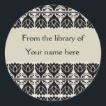 Personalised Bookplates - Black Damask Classic Round Sticker<br><div class="desc">Personalise your books with the customised bookplates decorated with a black damask pattern on a beige background to make them unique.Never misplace a book by adding the ' this book belongs to' labels . Custom bookplates can be changed to any other personal label for C.Ds, gifts, kids box labels, lunch...</div>