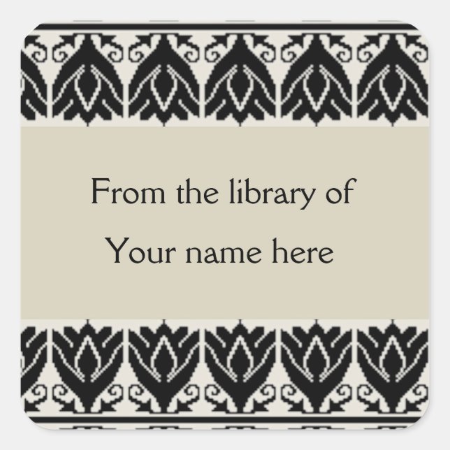 Personalised Bookplates - Black Damask Square Sticker (Front)