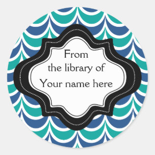 Personalised Bookplates Blue Green Wavy Stripes Classic Round Sticker