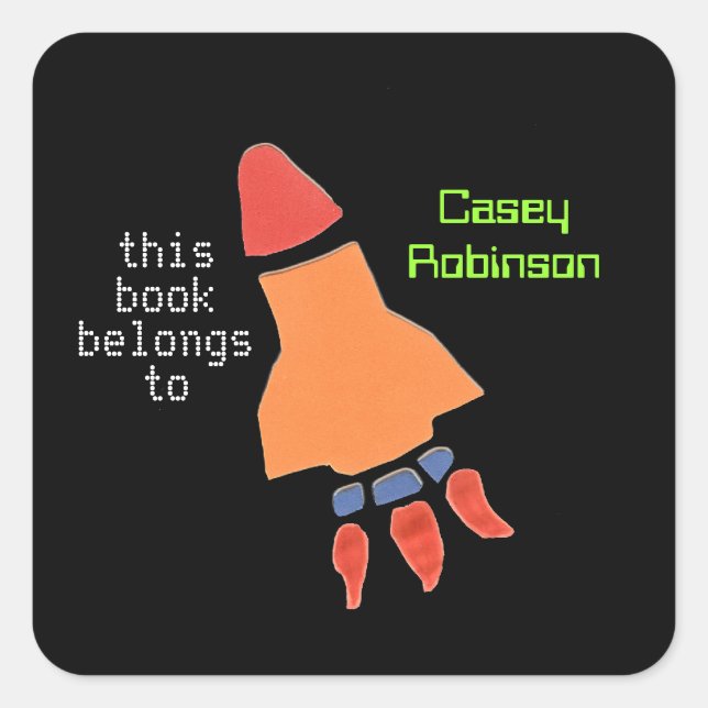 Personalised bookplates for kids - neon rocket square sticker (Front)