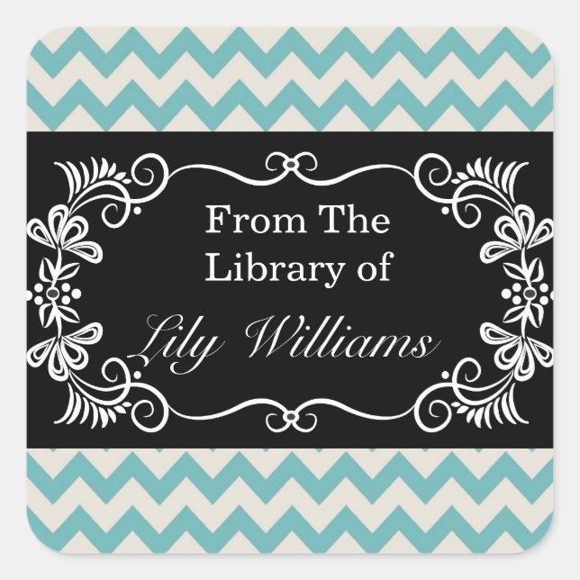 Personalised Bookplates - Mint Chevron Pattern Square Sticker (Front)