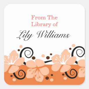 Personalised Bookplates - Orange/Coral Flowers Square Sticker