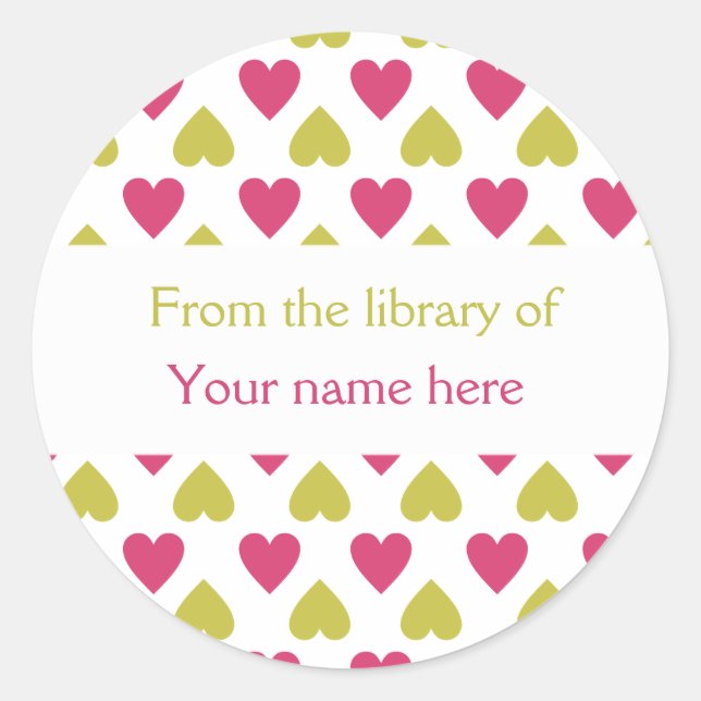 Personalised Bookplates|Pink Green Hearts Classic Round Sticker (Front)