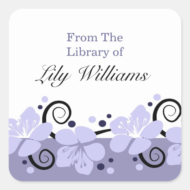 Personalised Bookplates -  Purple Flowers Square Sticker (Front)