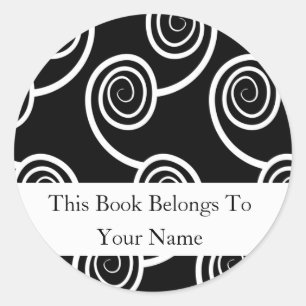 Personalised Bookplates -White Swirl On Black Classic Round Sticker