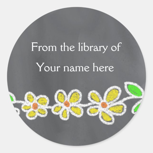 Personalised Bookplates|Yellow Flowers Chalkboard Classic Round Sticker (Front)