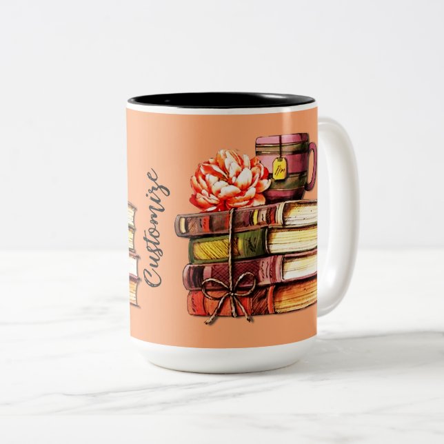 Personalised Books And Tea Peach Two-Tone Coffee Mug (Front Right)
