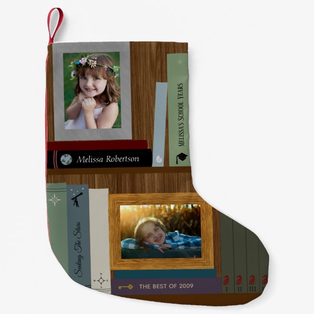 Personalised Bookshelf With Photos Small Christmas Stocking (Front)