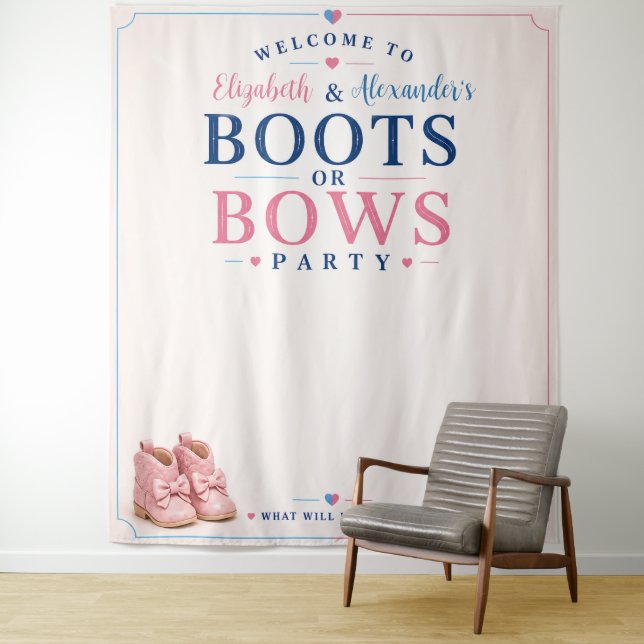 Personalised Boots or Bows Gender Reveal Backdrop Tapestry (In Situ)