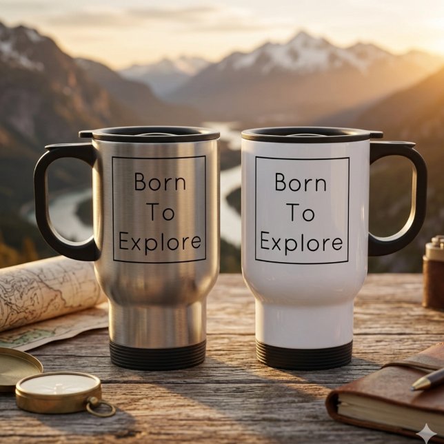 Personalised Born To Explore Travel Mug (Travel mug with personalized text reads "Born To Explore")