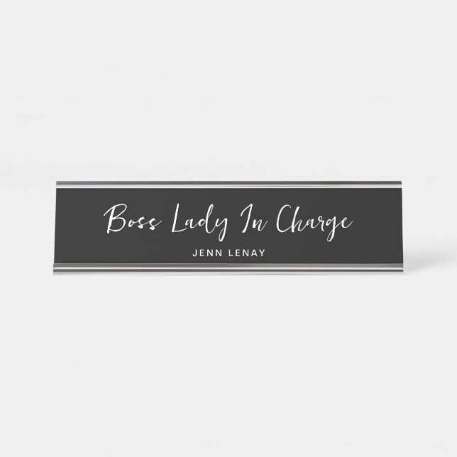 Personalised Boss Lady Chic Script Black And White Desk Name Plate (Front)