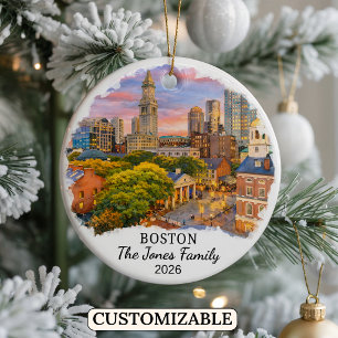 Personalised Boston Ornament, Custom Massachusetts Ceramic Tree Decoration
