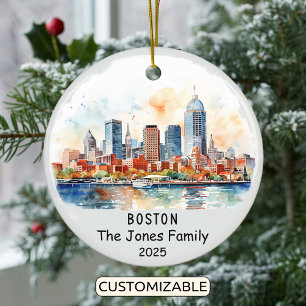 Personalised Boston Ornament, Massachusetts State Ceramic Tree Decoration