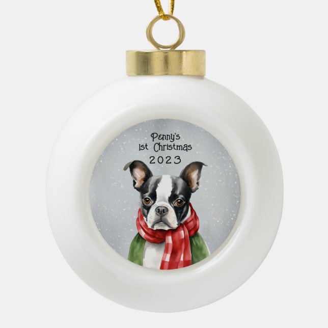 Personalised Boston Terrier Ceramic Ball Christmas Ornament (Front)