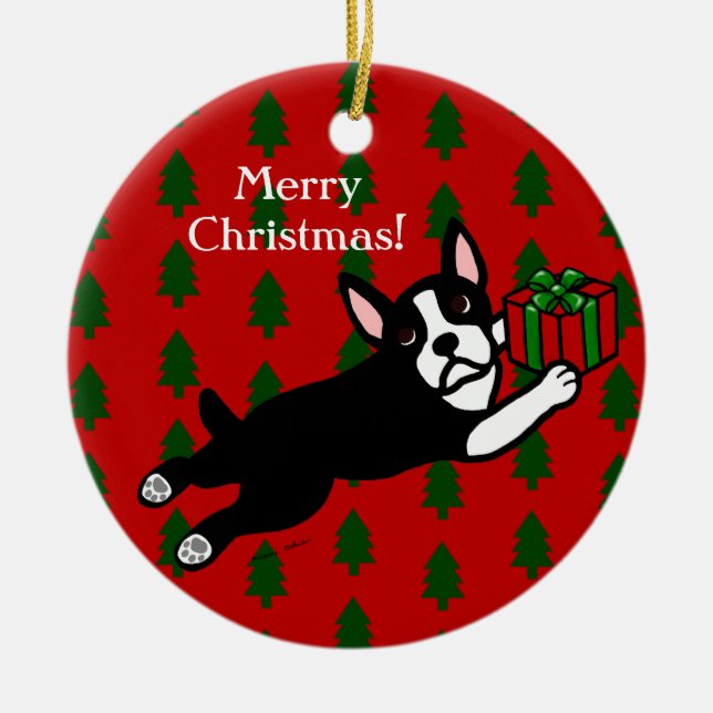 Personalised Boston Terrier Christmas Ceramic Tree Decoration (Front)