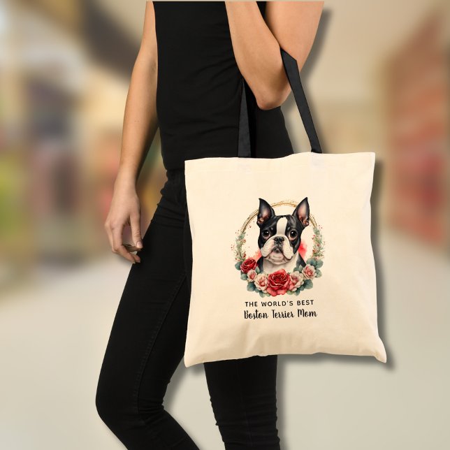  Personalised Boston Terrier Dog Mum Floral Wreath Tote Bag (Edit text as required to add your own message, or delete if not required)