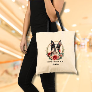  Personalised Boston Terrier Dog Mum Floral Wreath Tote Bag