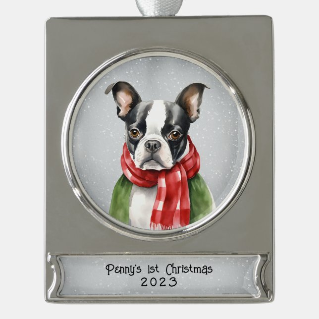 Personalised Boston Terrier Silver Plated Banner Ornament (Front)
