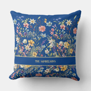 Personalised Botanical Floral Cobalt Blue Cushion