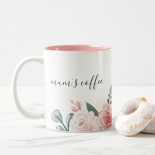 Personalised Botanical Floral Mug For Mum's coffee (With Donut)