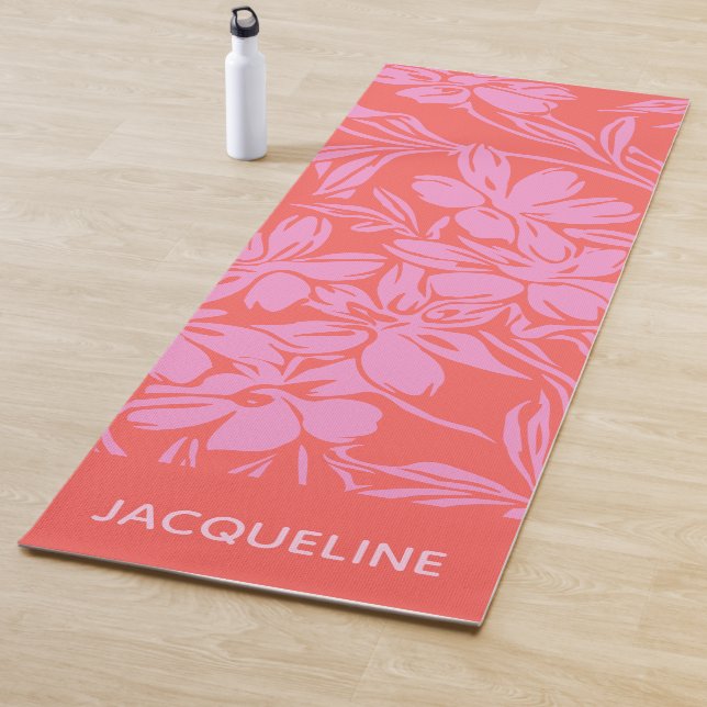 Personalised Botanical Pink Red Wellness Fitness Yoga Mat (In Situ)