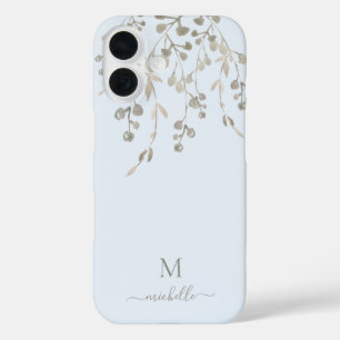 Personalised Botanical Watercolor Monogram Blue iPhone 16 Case
