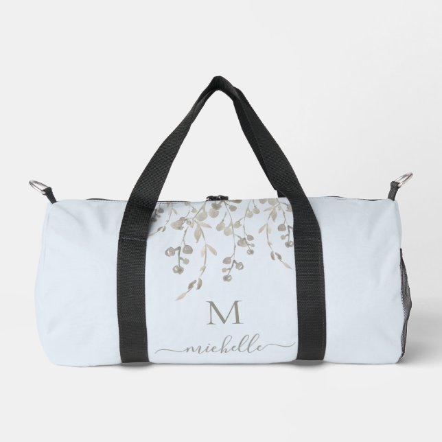 Personalised Botanical Watercolor Monogram Blue Duffle Bag (Front)