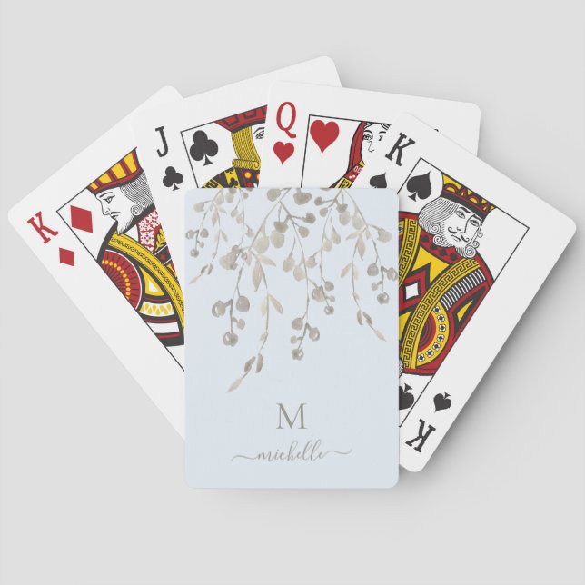 Personalised Botanical Watercolor Monogram Blue Playing Cards (Back)