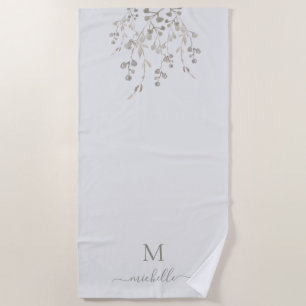 Personalised Botanical Watercolor Monogram Grey Beach Towel