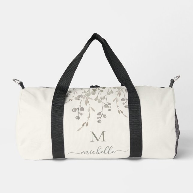 Personalised Botanical Watercolor Monogram Ivory Duffle Bag (Front)