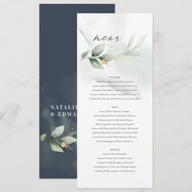 Personalised Botanical Wedding Navy Blue Menu (Front/Back)